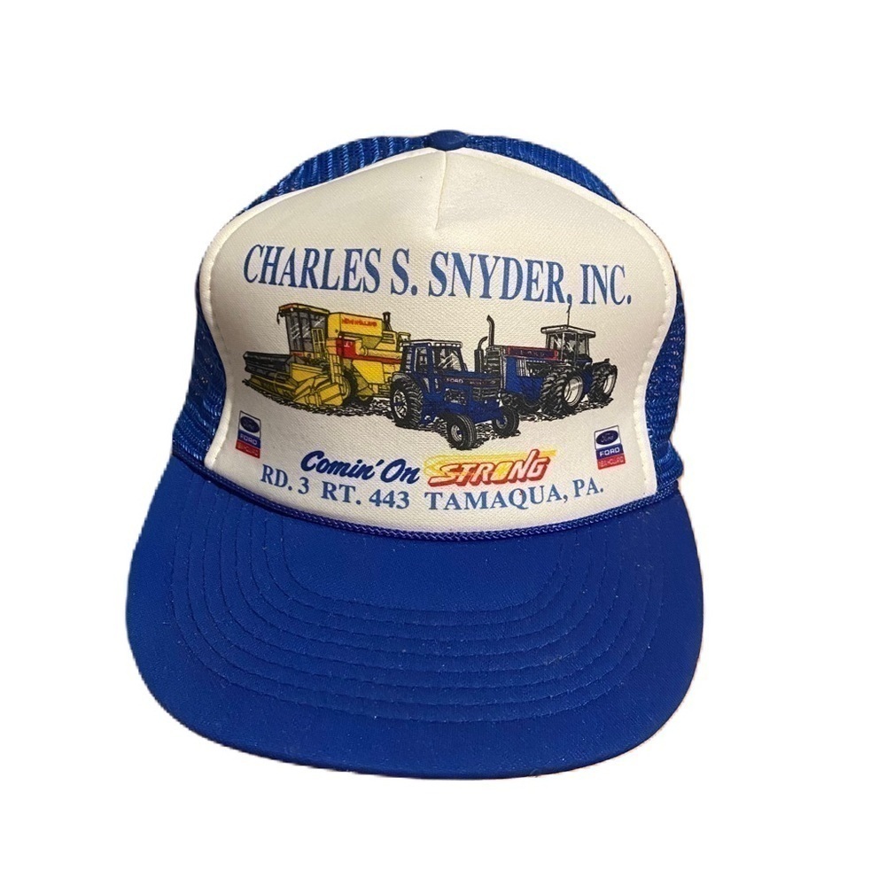 Vintage New Holland Tractor Comin On Strong Mesh Snap Back Trucker Hat Blue